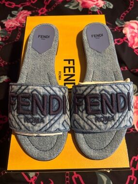 Fendi Blue Denim Logo Slide Sandals
